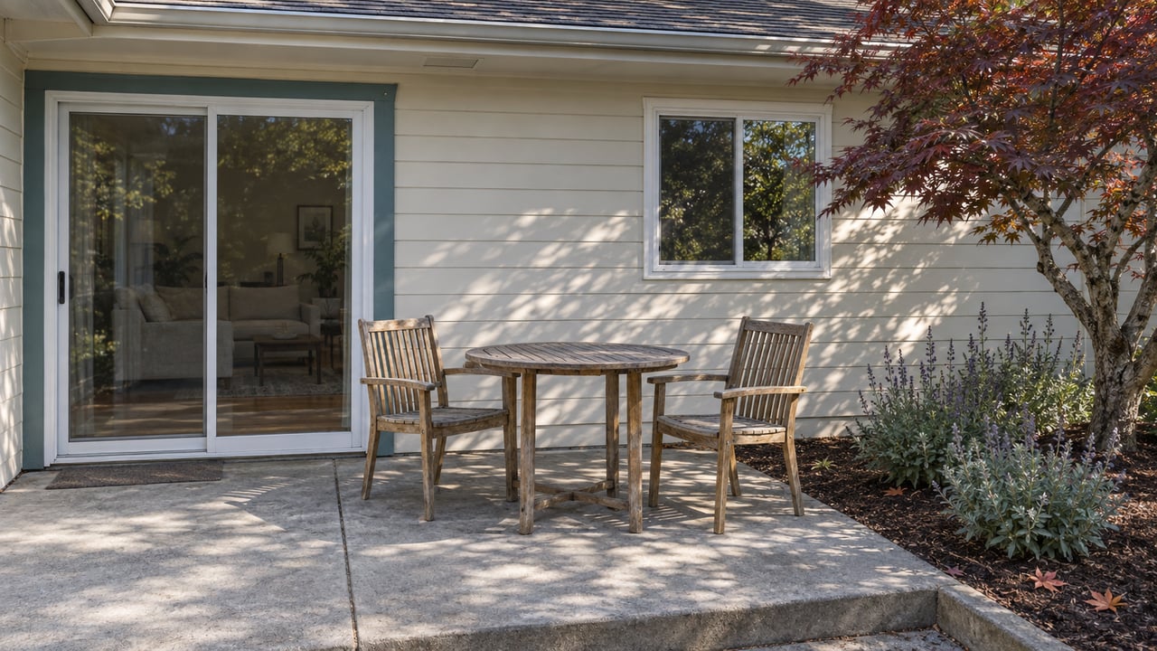 Morning light on a modest home's concrete patio, with weathered wooden seating, cream siding, a closed sliding glass door and a Japanese maple.