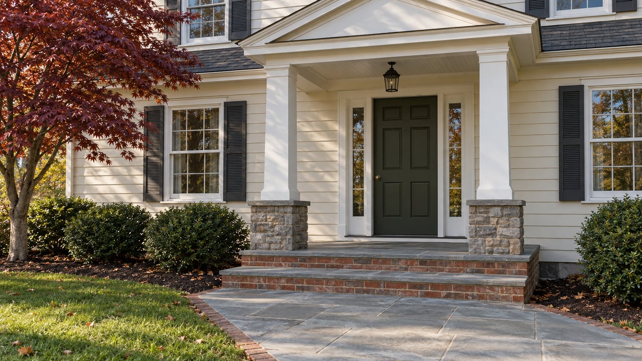 Ivory clapboard home with a dark olive front door, white columned portico, brick steps and burgundy maple foliage in autumn sunlight.