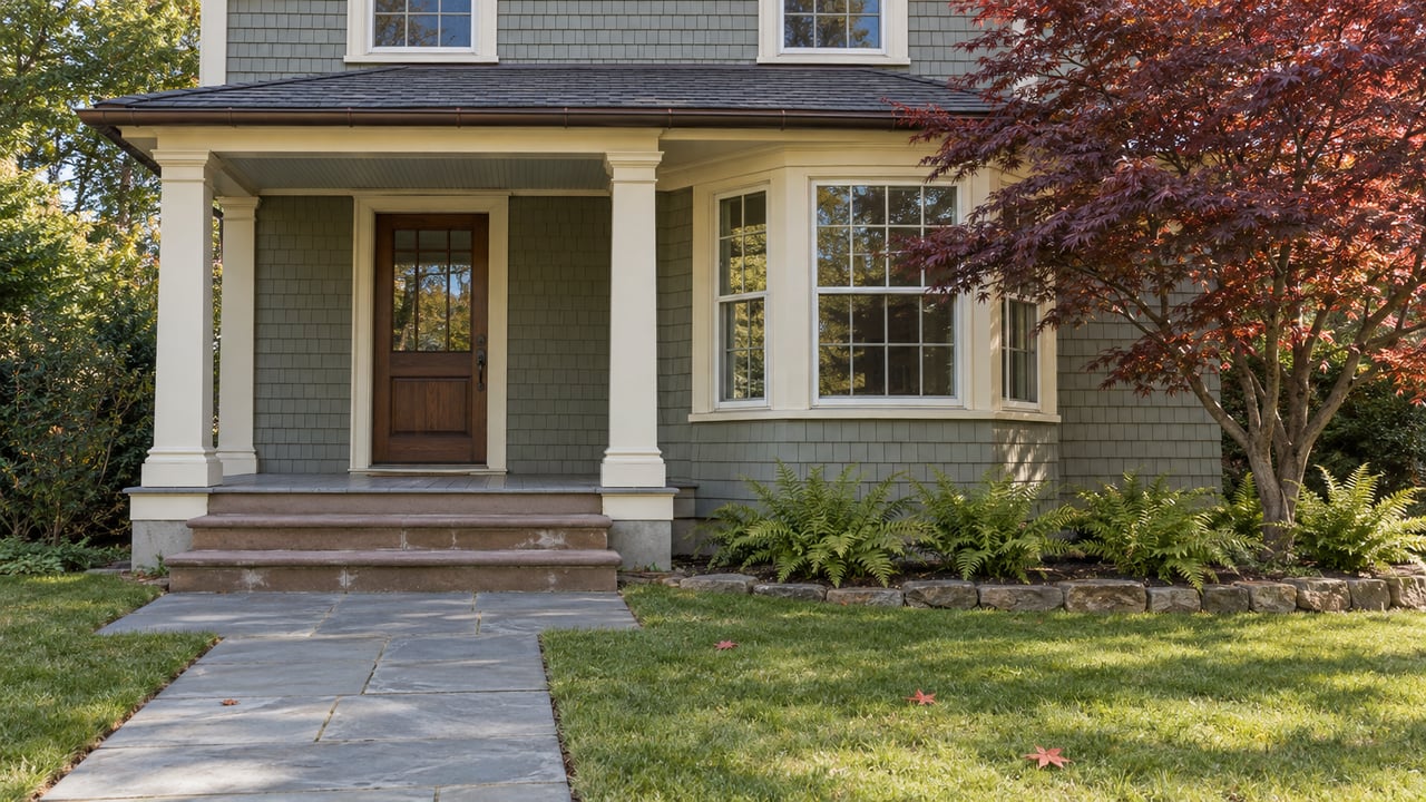 Gray-green shingled home with an ivory-trimmed porch, worn stone steps and burgundy maple beside a deep front lawn.
