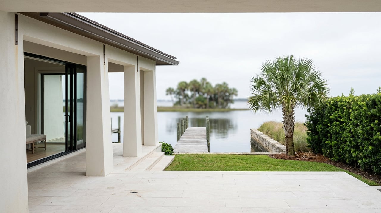Waterfront home’s loggia frames a stone terrace, palm-lined lawn, weathered dock, and still water.