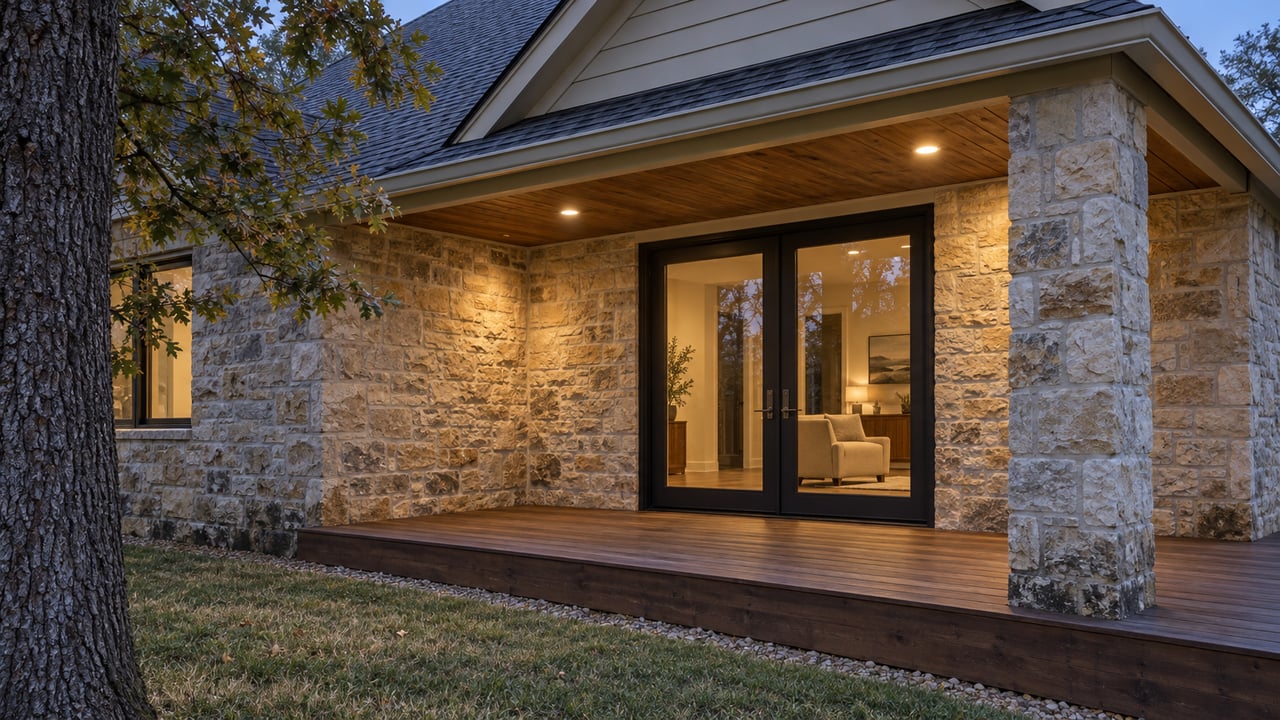 Twilight settles over a stone-and-siding home's covered wood porch, with warm light behind closed black-framed glass doors and muted oak leaves beside the lawn.