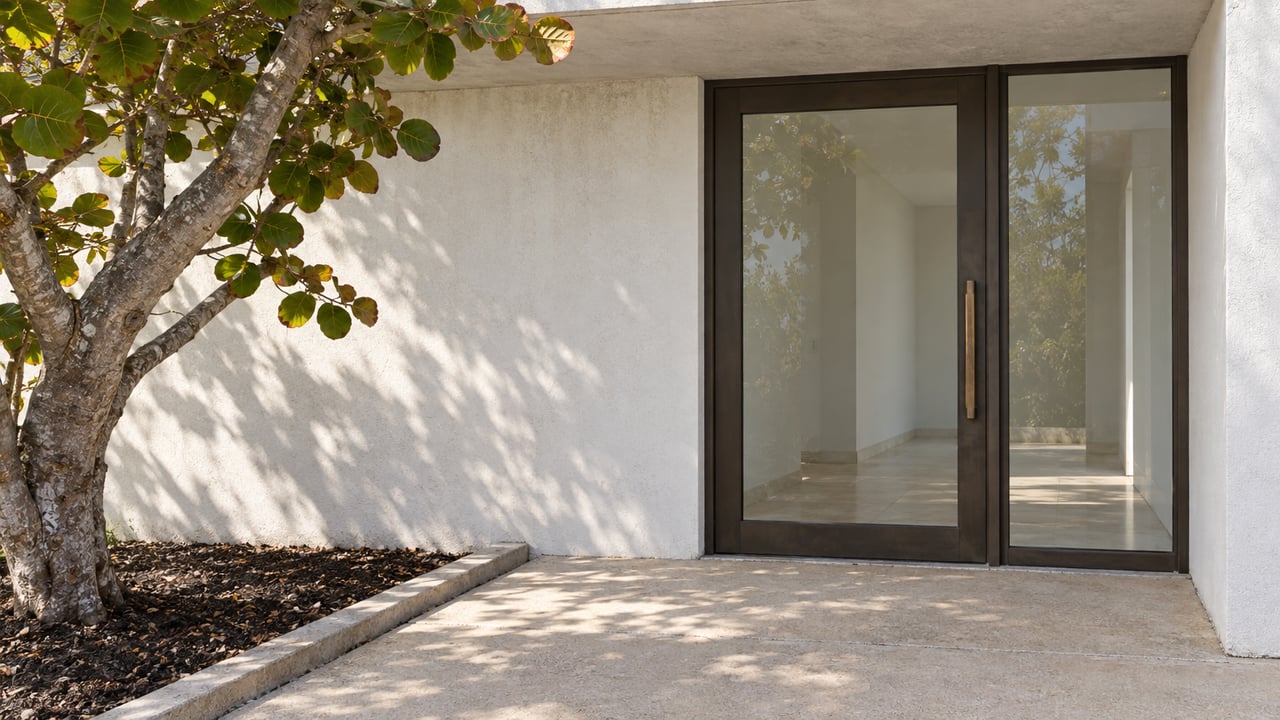 White stucco home entry with bronze-framed glazing, a concrete landing and a branching sea grape tree.