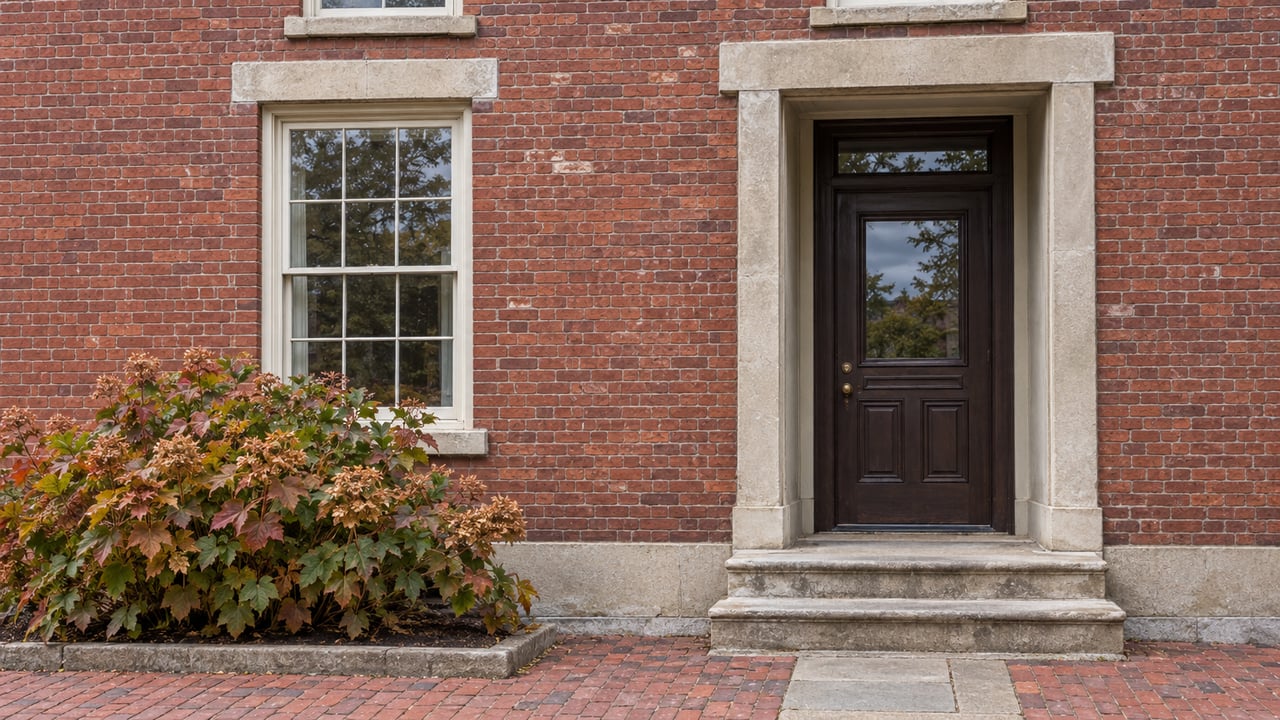 Red-brick house frontage with an off-white sash window, recessed timber door, limestone steps, and a russet-leaved hydrangea.