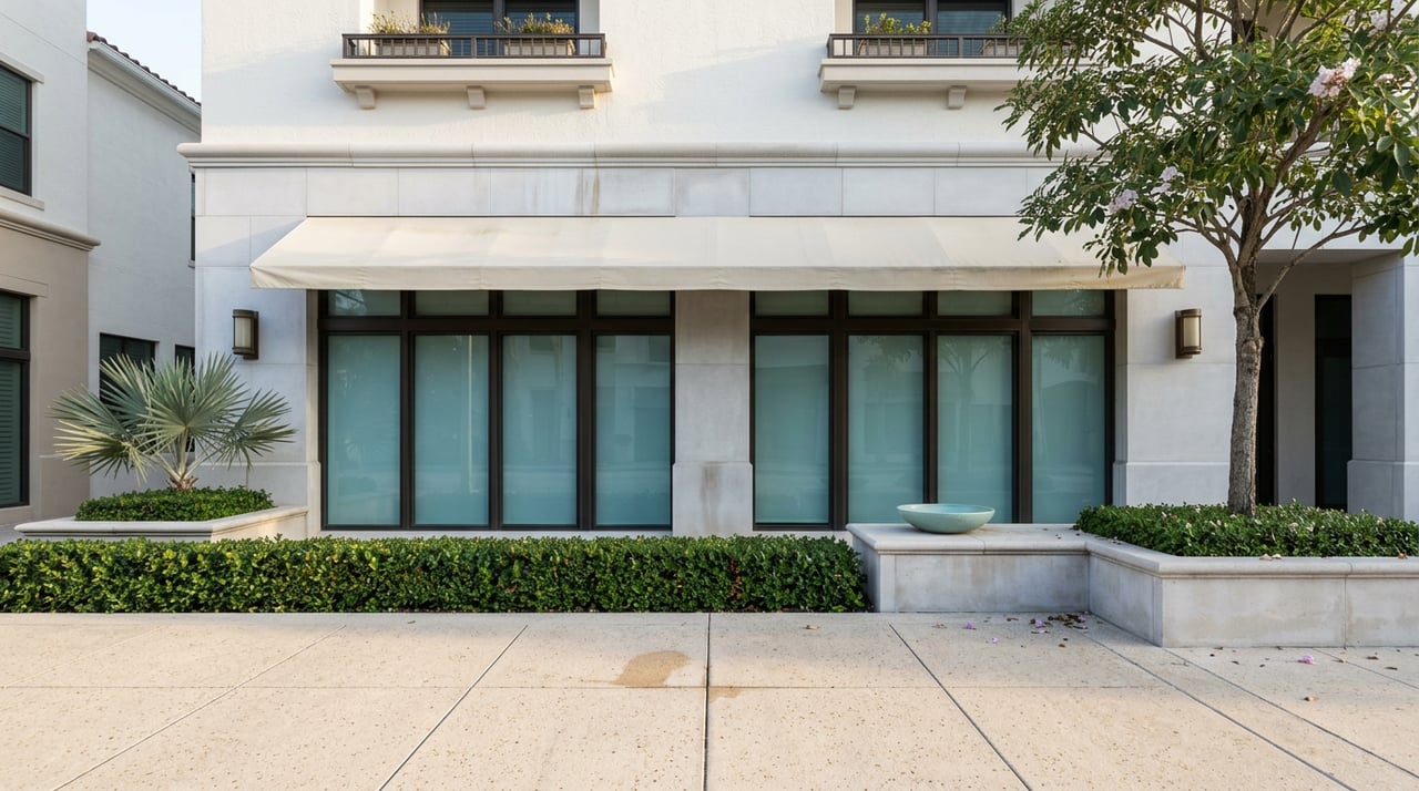 Mixed-use tower ground floor with bronze-framed storefront glazing, cream terrazzo sidewalk, and trees in stone planters.