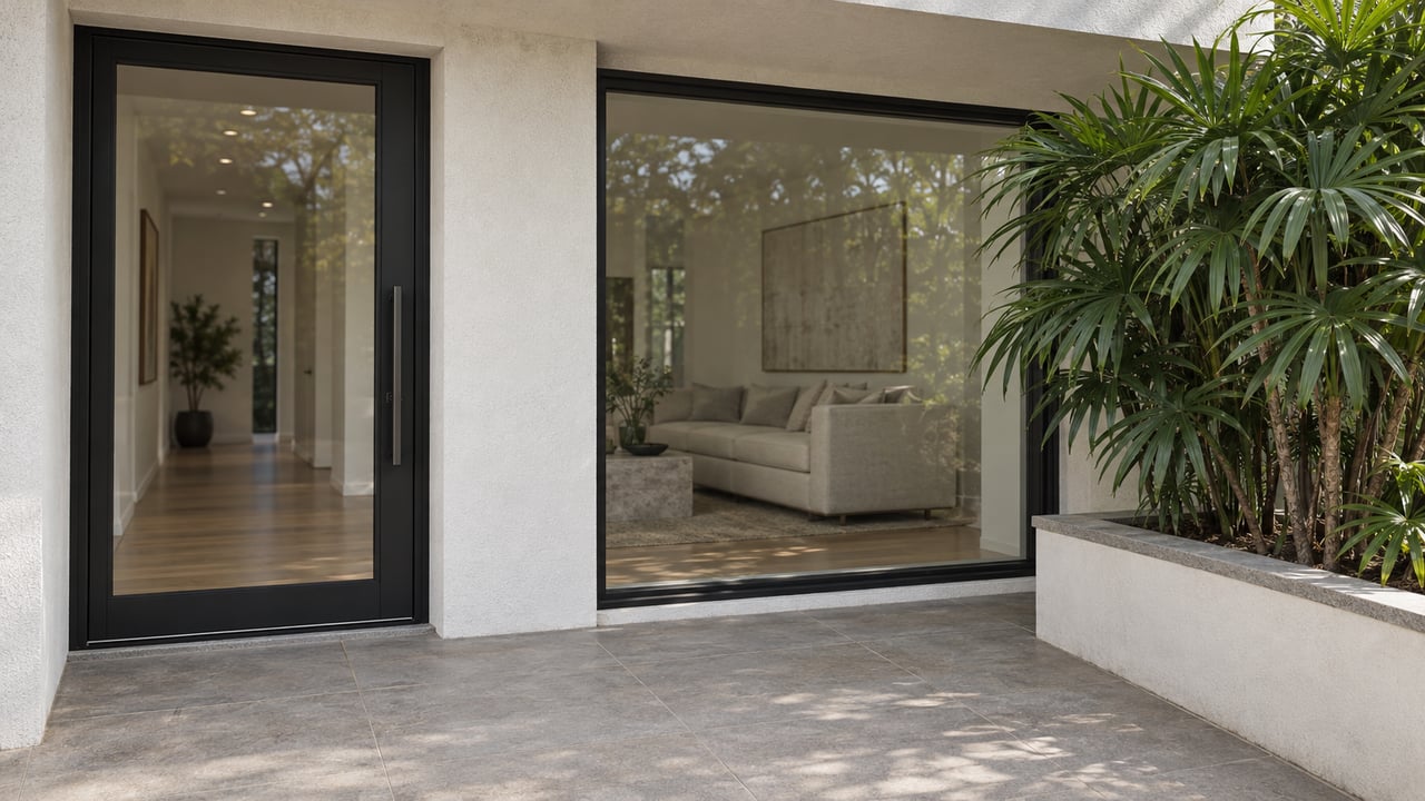 Sunlit white-stucco entry with black-framed glass, warm-gray paving and a single fan palm in a raised planter.