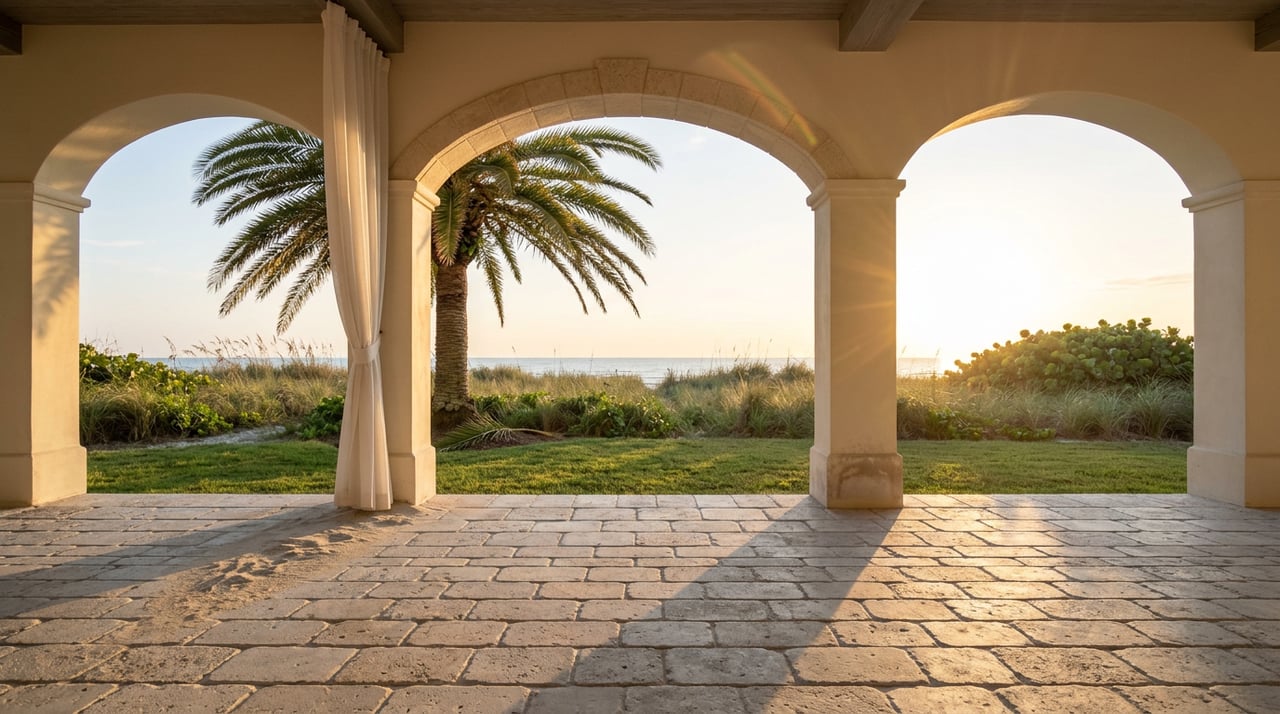 Stucco loggia arches frame a palm, dune grasses, and the low sun over the water.