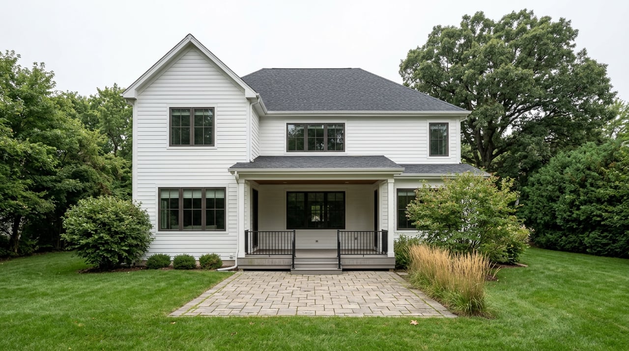 White two-story home with a covered patio, stone terrace, broad green lawn, and mature trees.