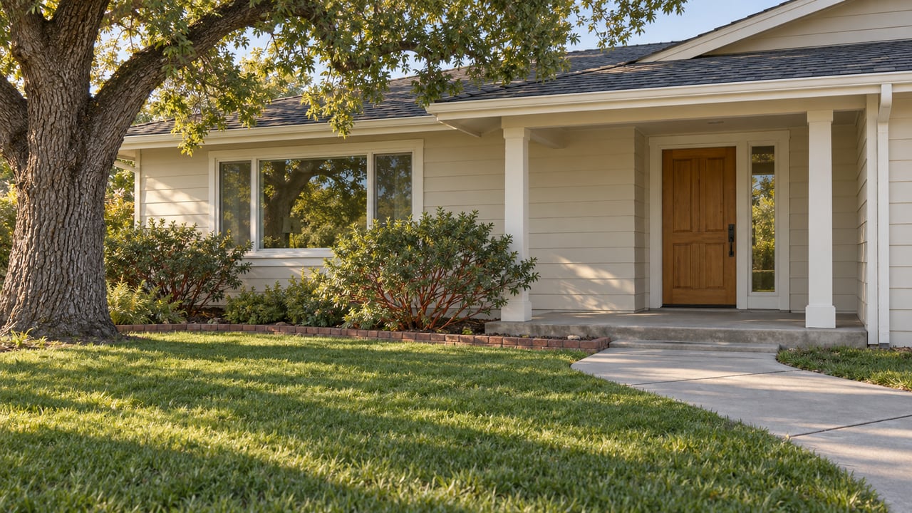 An established gabled home with ivory siding, a shaded wood entry door, deep front lawn and a mature spreading oak.