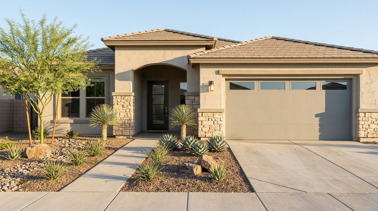 Southwestern Mediterranean house exterior with an arched entry and white stucco walls.