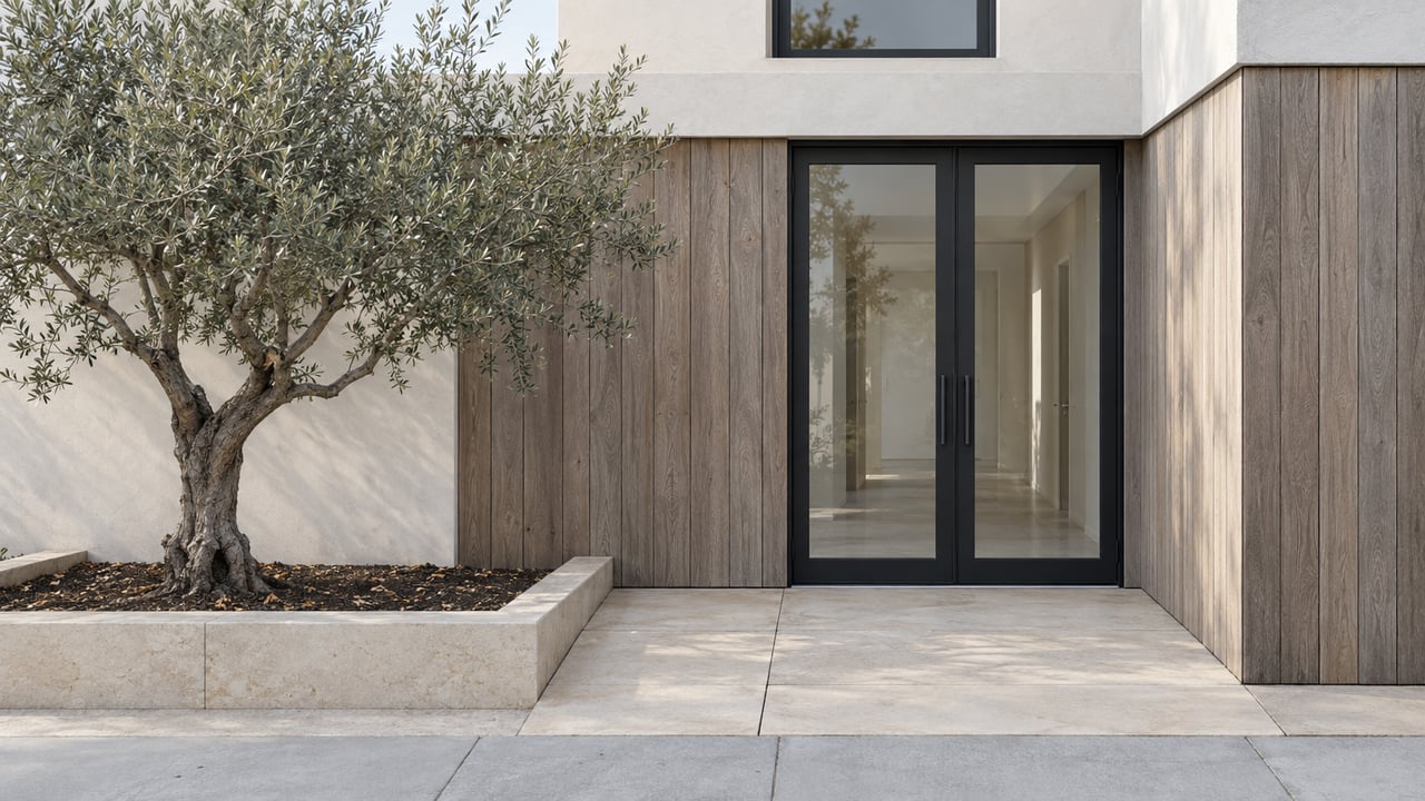 Compact house entry with oak cladding, glazed double doors, limestone forecourt, and a pruned olive tree.