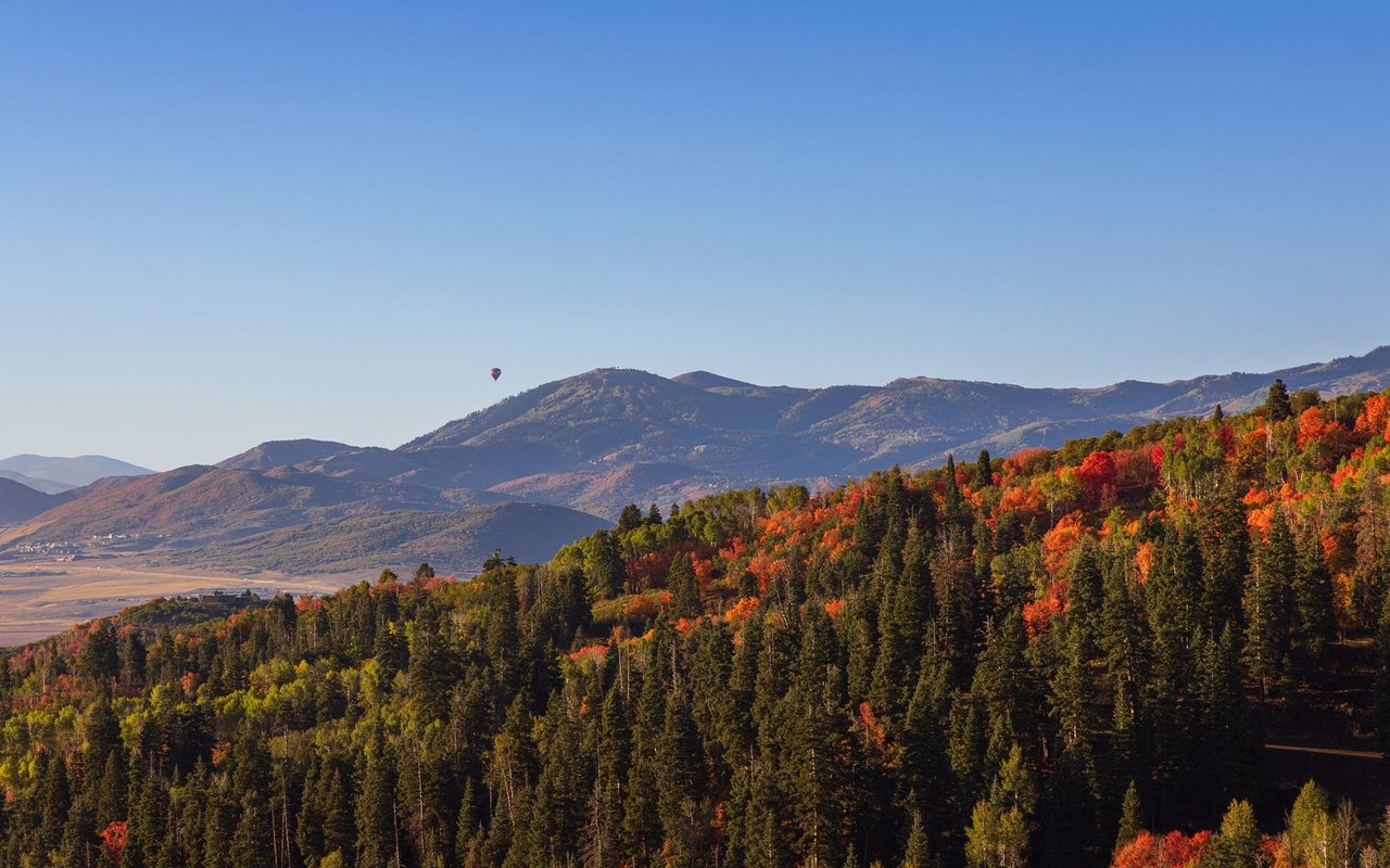 Autumn mountain landscape with colorful forested slopes, distant ridgelines, and a hot-air balloon.