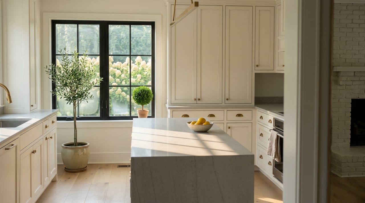 Warm white kitchen with a veined quartz island, brass fixtures, black divided-lite window, and lemons in a ceramic bowl.