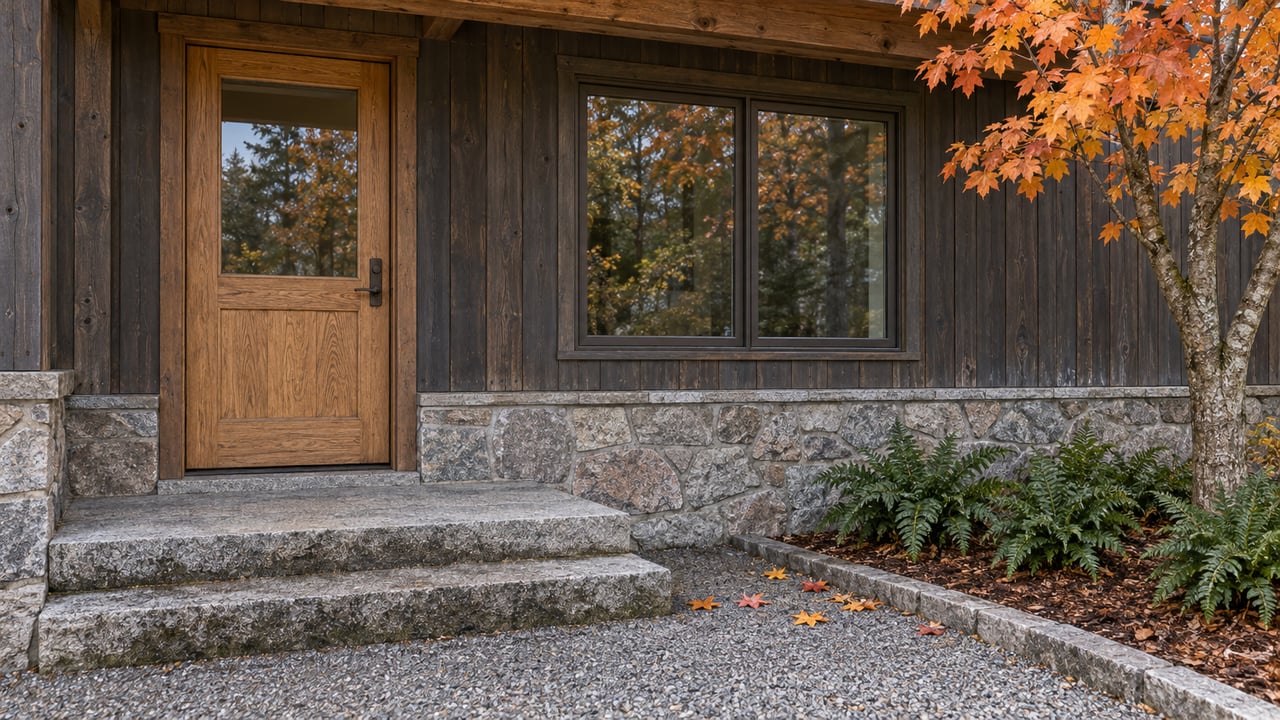 A sheltered cedar-clad home entrance with an oak door, granite steps and copper-orange maple leaves in cool autumn daylight.
