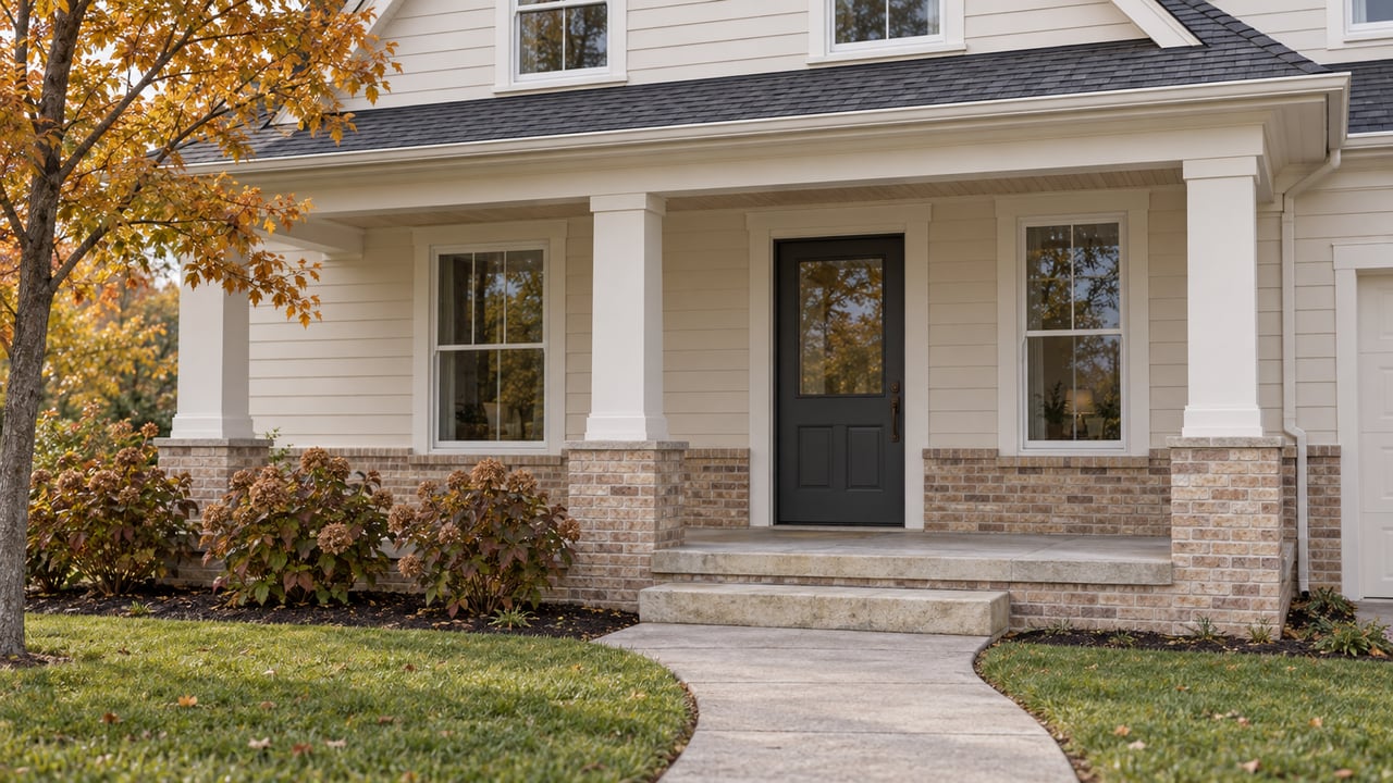 An ivory-sided two-story home with a buff brick porch, paired white columns, limestone steps and a curved walk beside autumn hydrangeas.