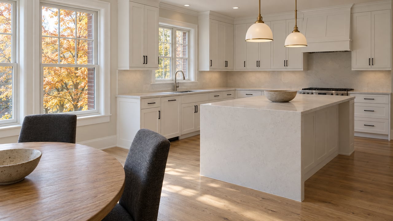Sunlit white kitchen with oak flooring, brass pendants, and an adjoining dining bay overlooking golden autumn leaves.