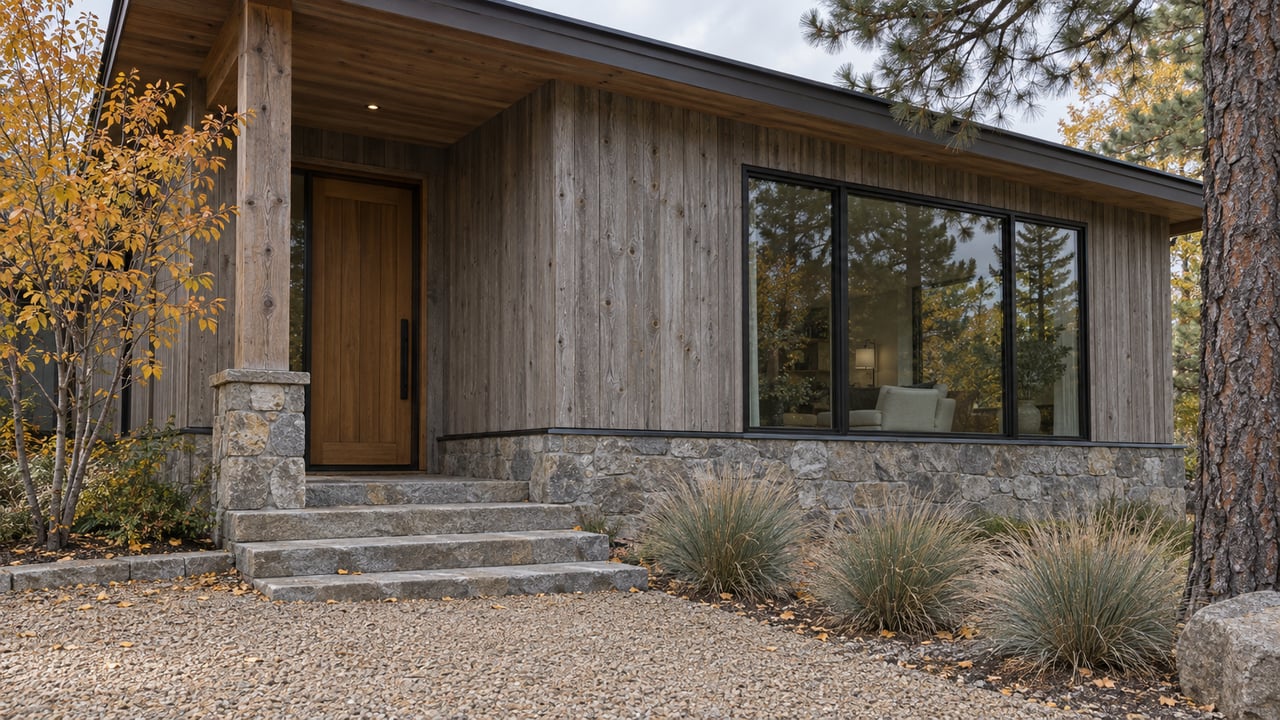 Weathered cedar home with a recessed timber door, broad picture window, stone steps, and gravel approach.