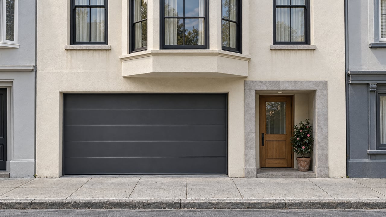 Cream stucco residential frontage with black-framed bay windows, a charcoal garage door and a recessed oak entrance beside a potted camellia.