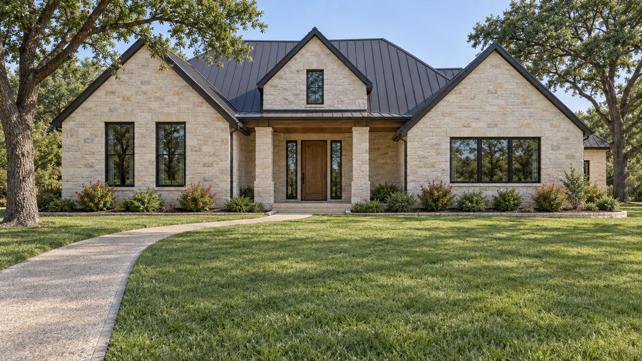 Pale limestone home with dark metal gables, black-framed windows, a recessed timber entry, and a deep lawn framed by two mature oaks.