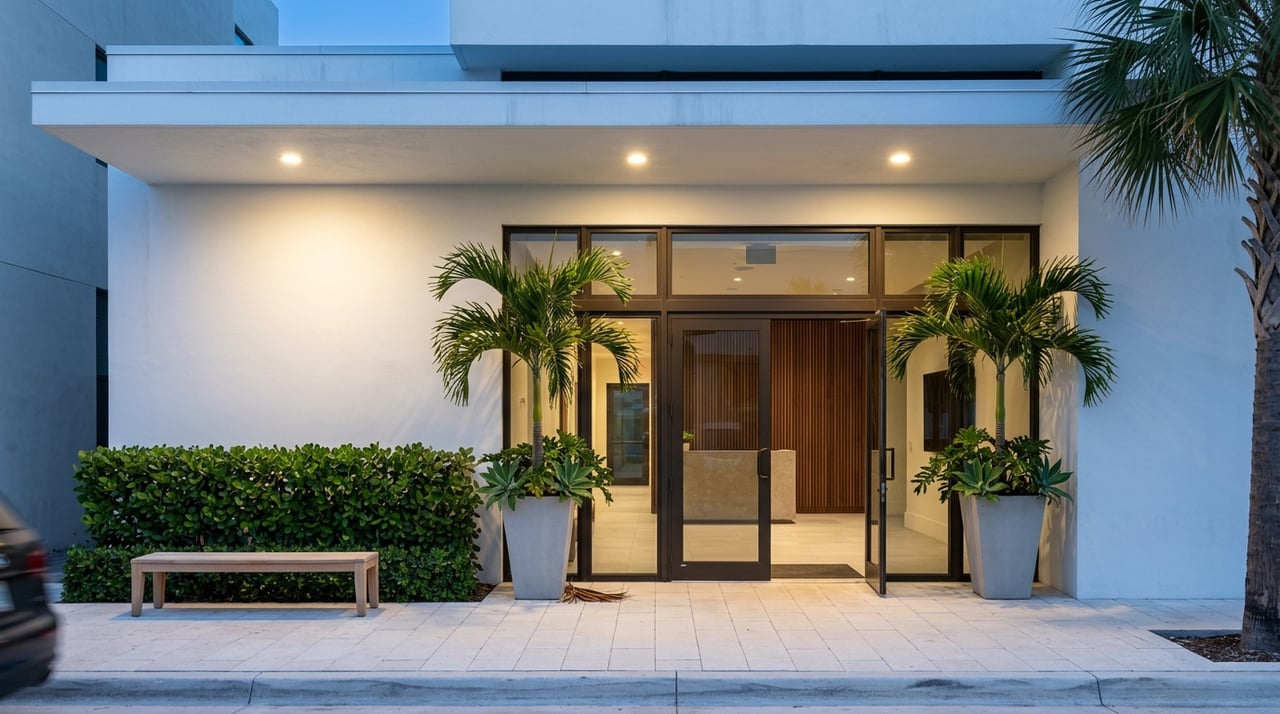 Luxury condo entry with bronze-framed glass, pale stone, and curated planters at blue hour.
