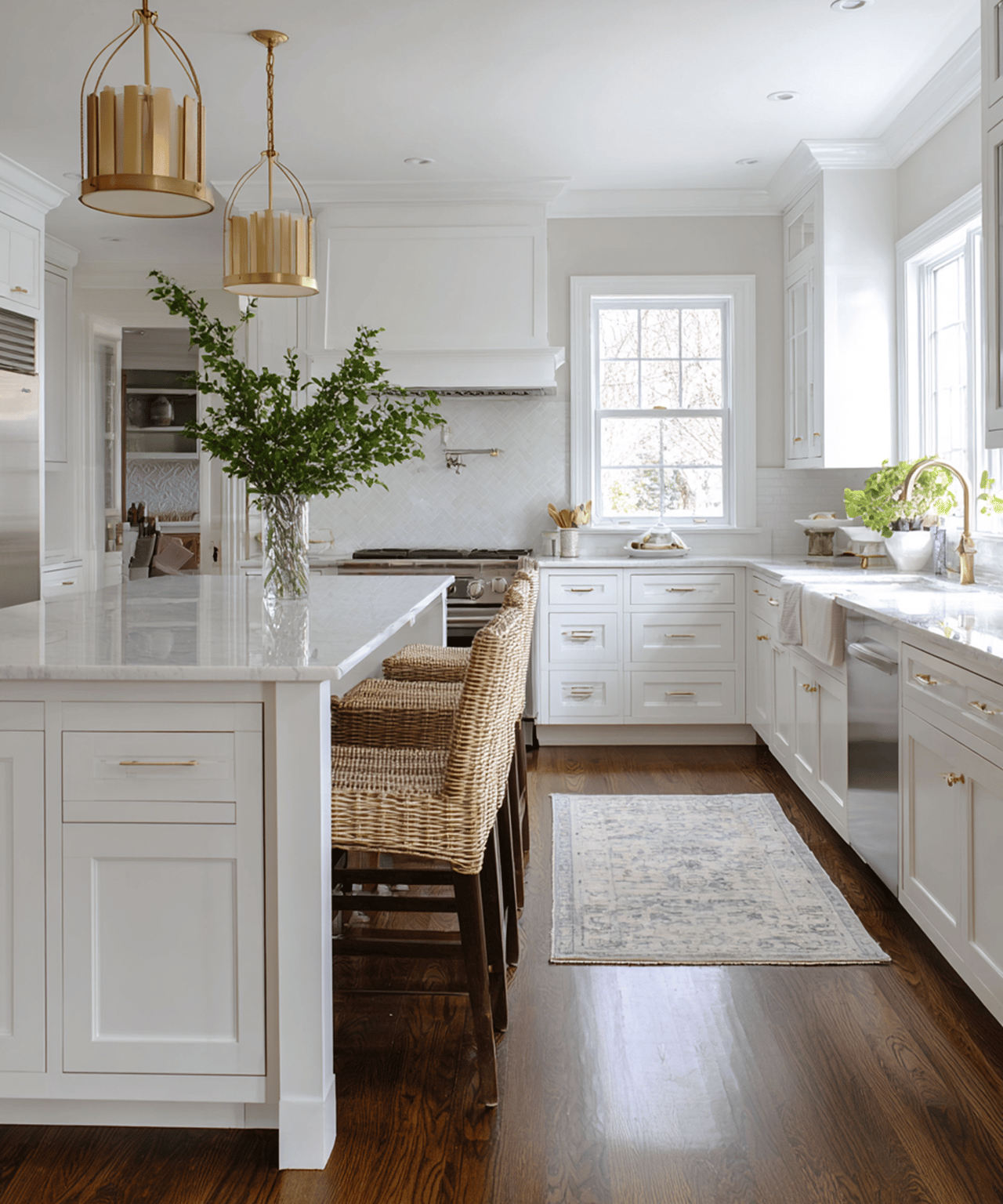 Bright white kitchen with a marble island, woven stools, brass fixtures, and dark hardwood floors.