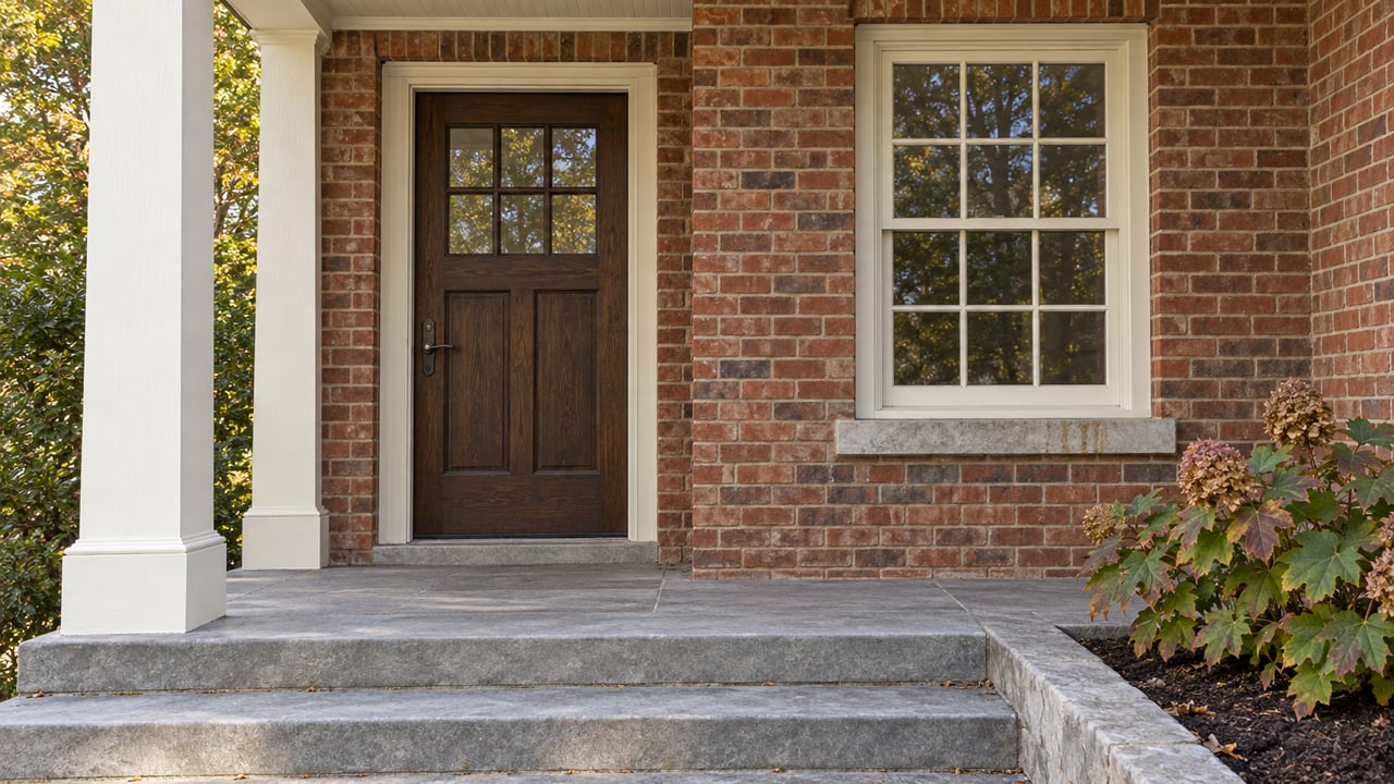 Warm brick home entrance with an oak door, ivory divided-light window, gray stone steps and oakleaf hydrangea in autumn light.