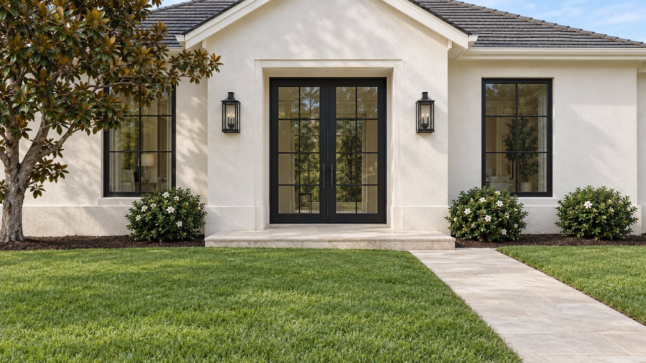 Creamy-white stucco home with black-framed double entry doors, limestone walkway, deep green lawn, gardenias and a mature magnolia.