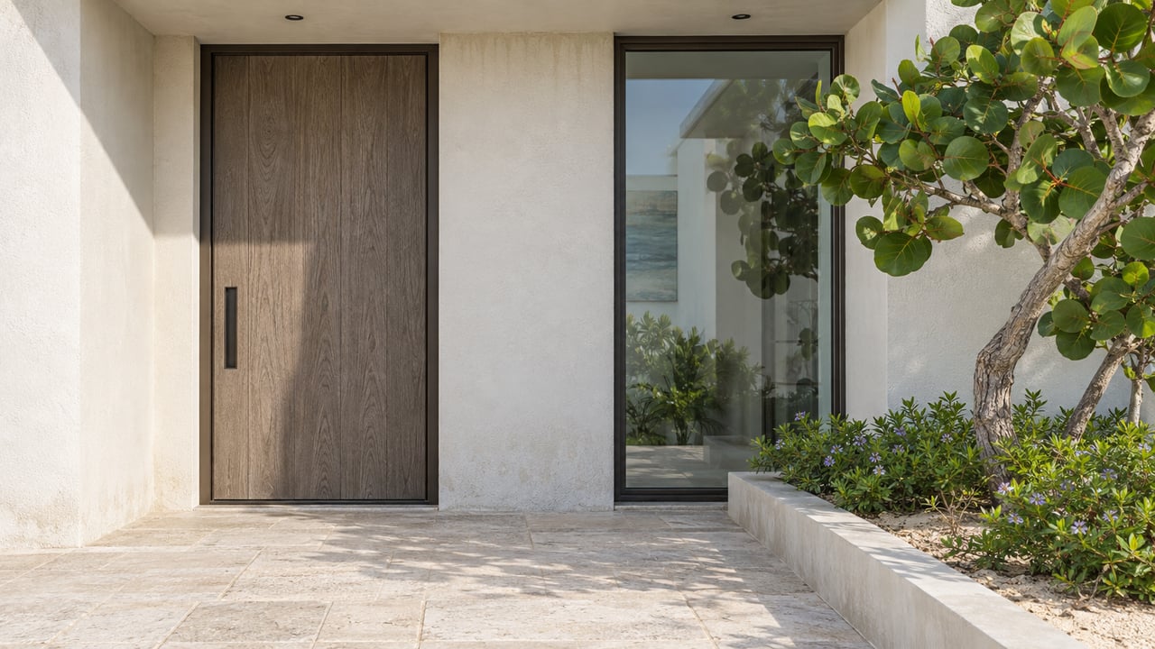 Recessed oak entry beside a tall reflective window, framed by pale stucco and a limestone approach.