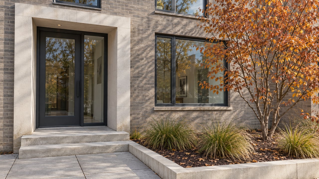 Contemporary brick home entrance with charcoal window frames, limestone trim, and a small serviceberry tree beside a raised planting bed.