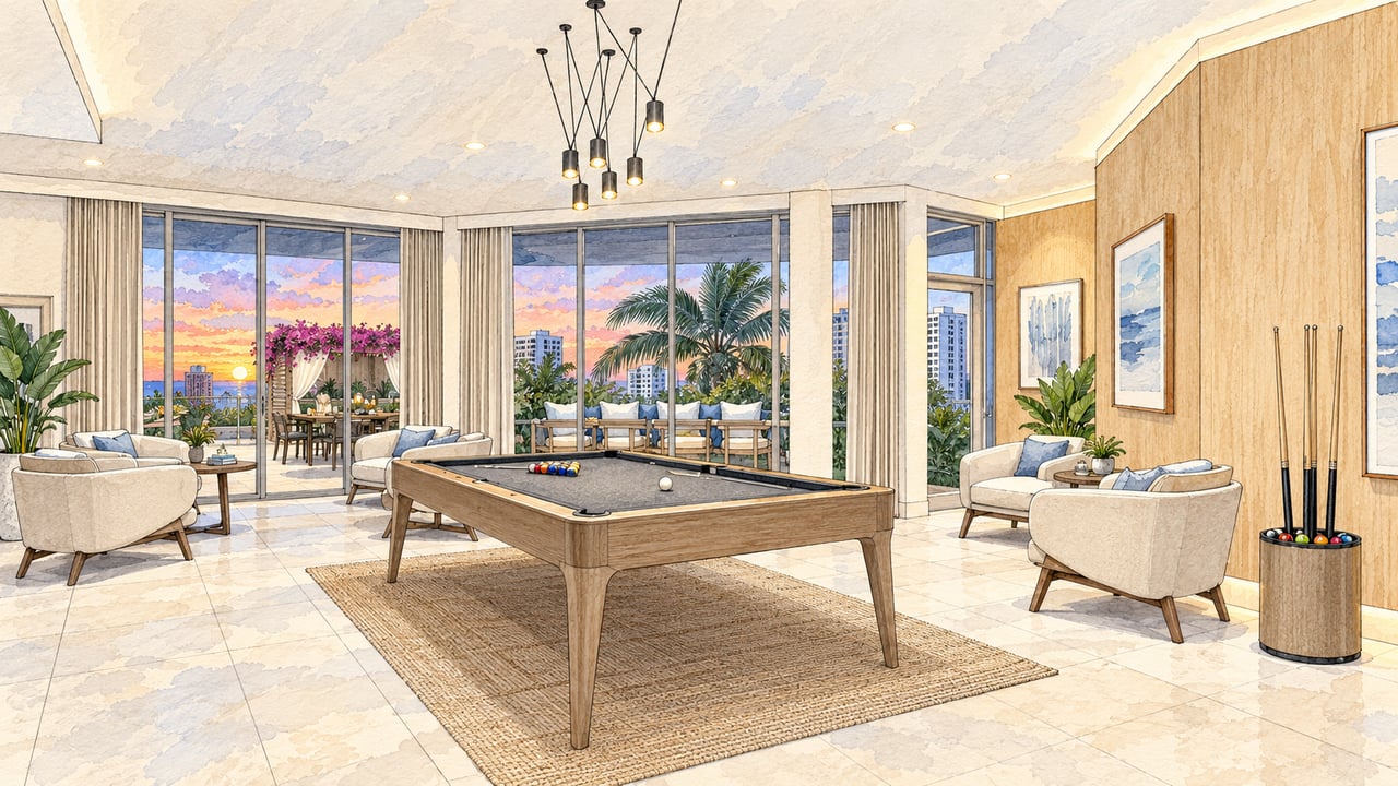 Furnished game room with a billiards table, floor-to-ceiling windows, and sunset views.