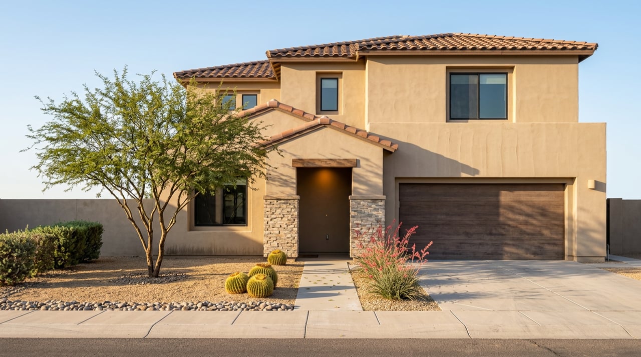 Two-story stucco home with a terracotta tile roof, mesquite tree, gravel yard, and desert plants.