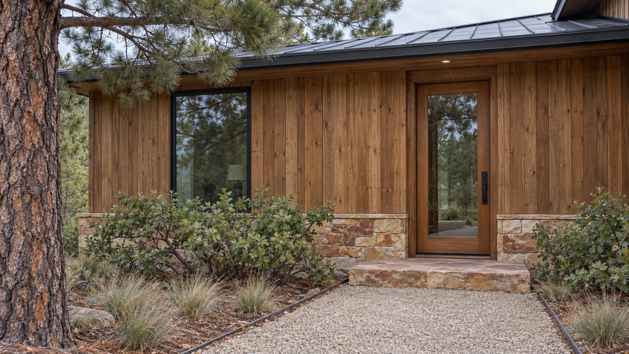 A cedar-sided house entry with a glazed timber door, sandstone step, granite path, and pine framing the facade.