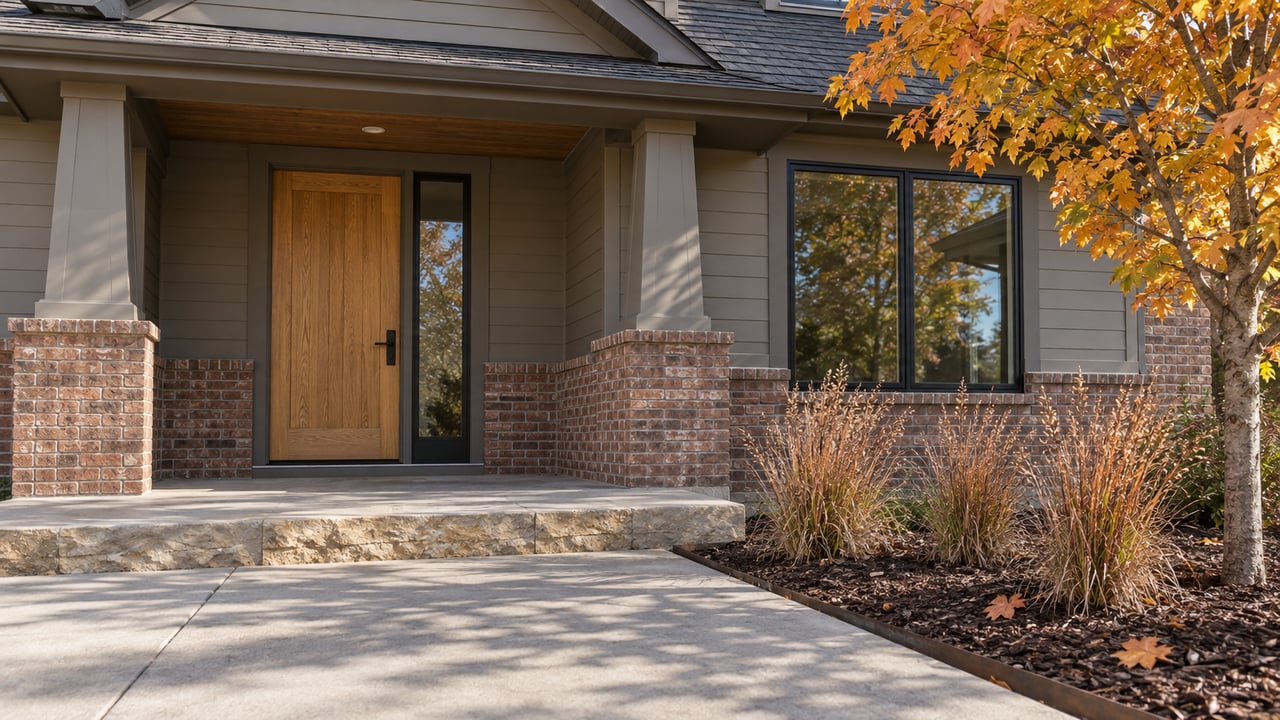 Autumn sunlight on a brick and gray-sided home's sheltered oak entrance, black-framed window, concrete approach, and orange-leaved maple.