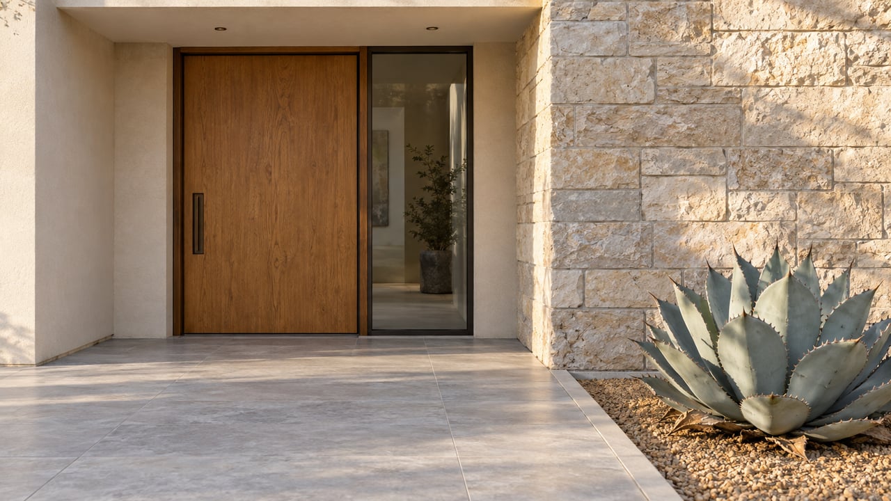 Sunlit stucco and limestone home entrance with an oak door, bronze-framed sidelight, broad paved landing and blue-gray agave.