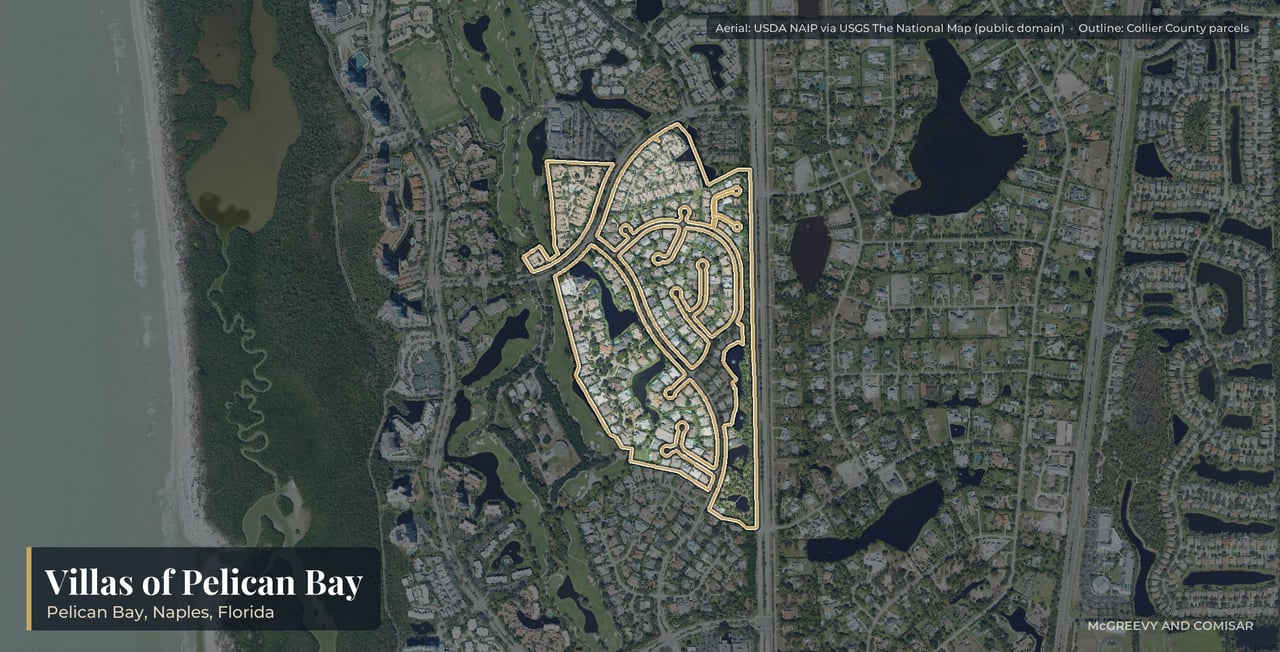 Aerial view of Villas of Pelican Bay at Pelican Bay, Naples, Florida, with its parcels outlined