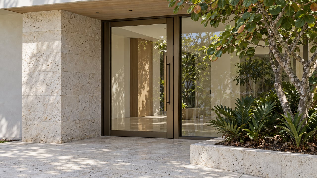 Low close view of a contemporary home's limestone entry, bronze-framed glass door and sea-grape planting.