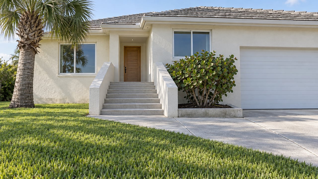 Cream stucco home with a raised entry, broad concrete steps, pale tile roof and a palm beside a green front lawn.