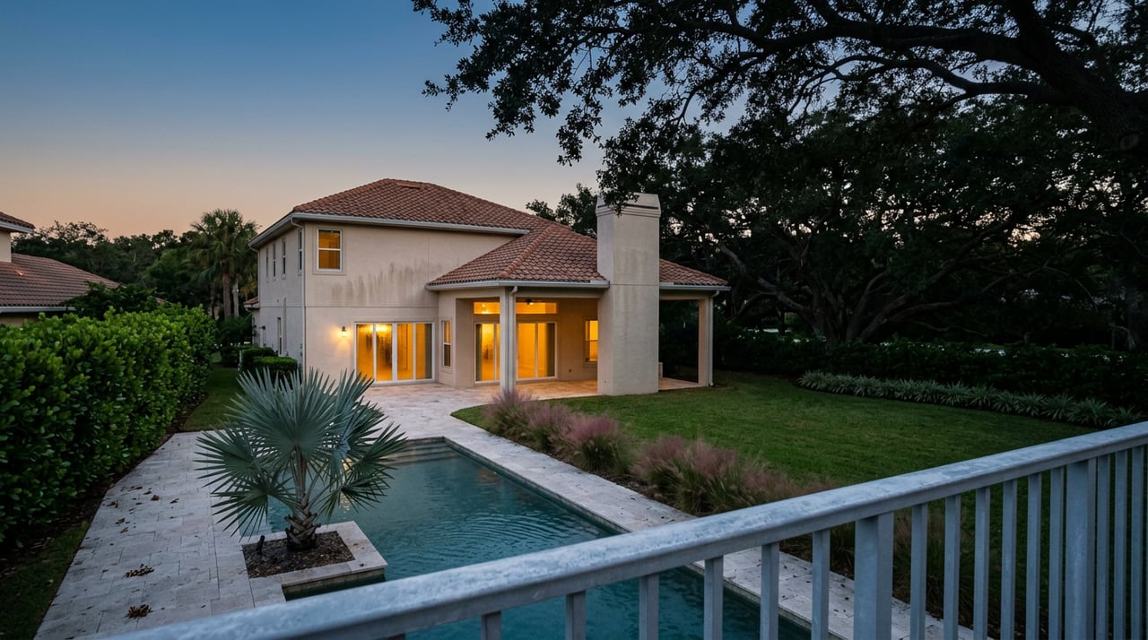 Two-story stucco coastal home glowing through glass sliders at dusk, beyond a pool deck and lawn framed by palms.