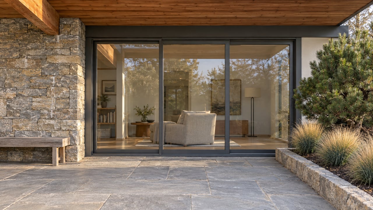 Covered residential terrace with weathered timber, a sandstone pier, closed glass doors and a raised bed of dwarf pine and fescue.