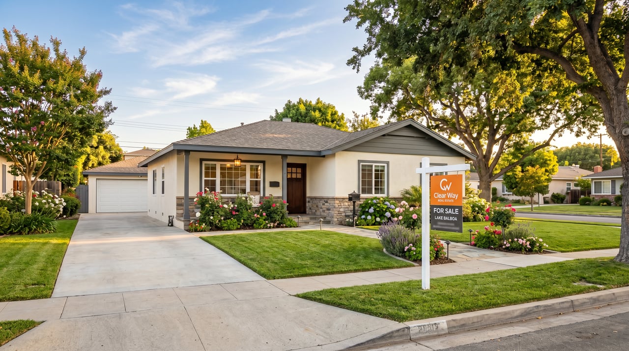 Lake Balboa single-family ranch home for sale with Clear Way Real Estate sign and manicured landscaping in the 91406 San Fernando Valley neighborhood