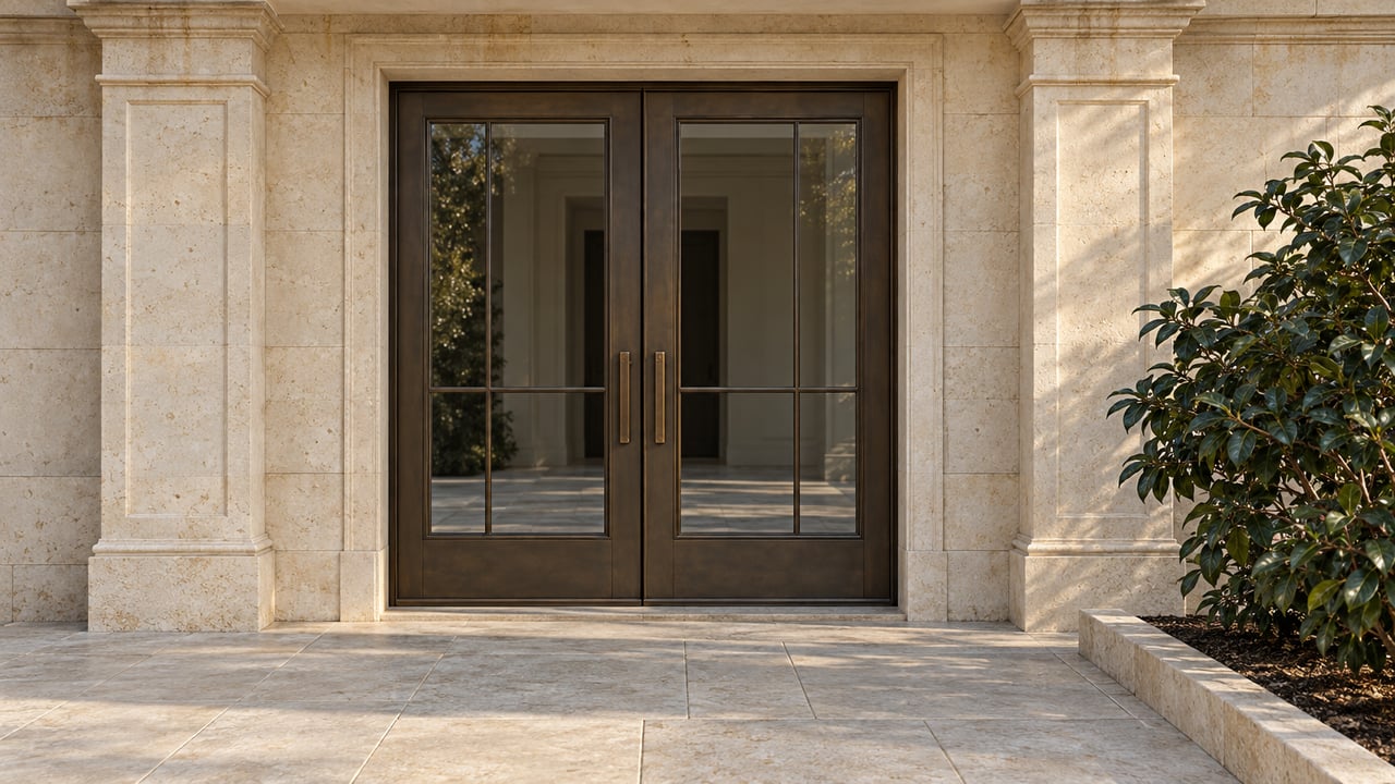 Paired bronze glass doors framed by weathered ivory limestone, with a stone terrace and one glossy-leaved camellia behind a raised curb.