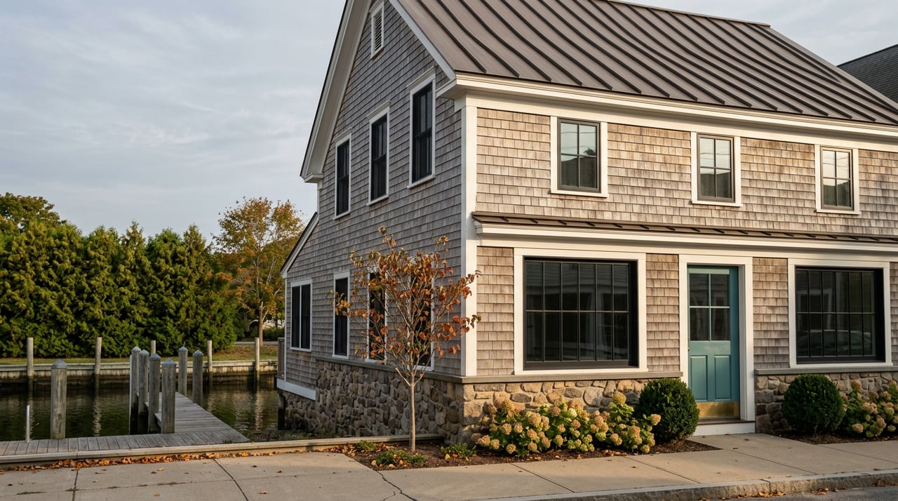 Two-story cedar-shingled village building with a teal door beside a narrow channel and wooden dock.