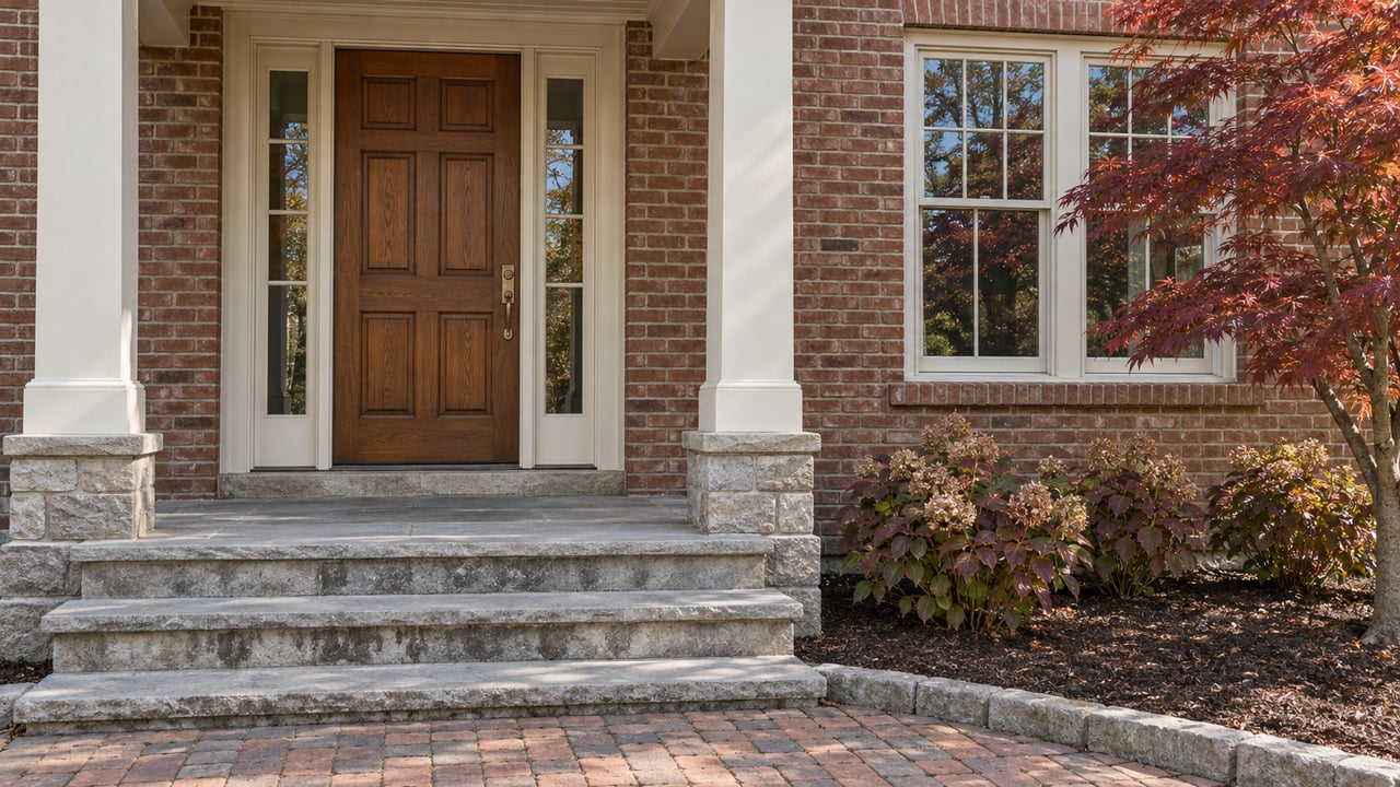 Weathered brick home entrance with an oak door, ivory porch columns, limestone steps and autumn maple foliage.
