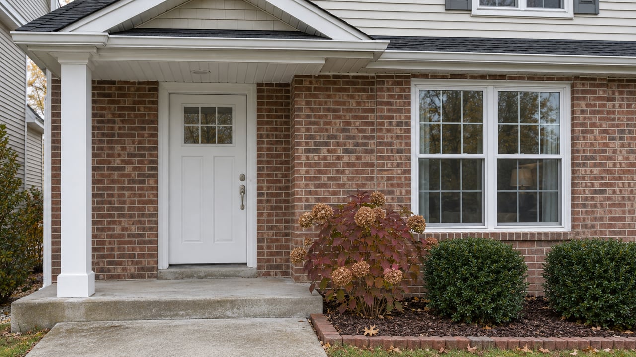 Covered brick home entry with white trim, divided-light window, concrete steps and autumn planting.