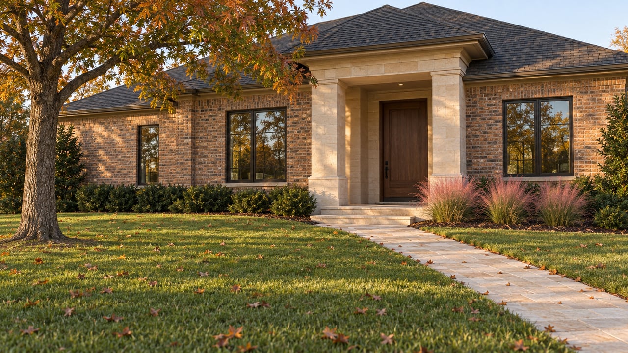 Brick-and-limestone home with charcoal hipped roof, deep lawn, autumn tree, and narrow paver walkway.
