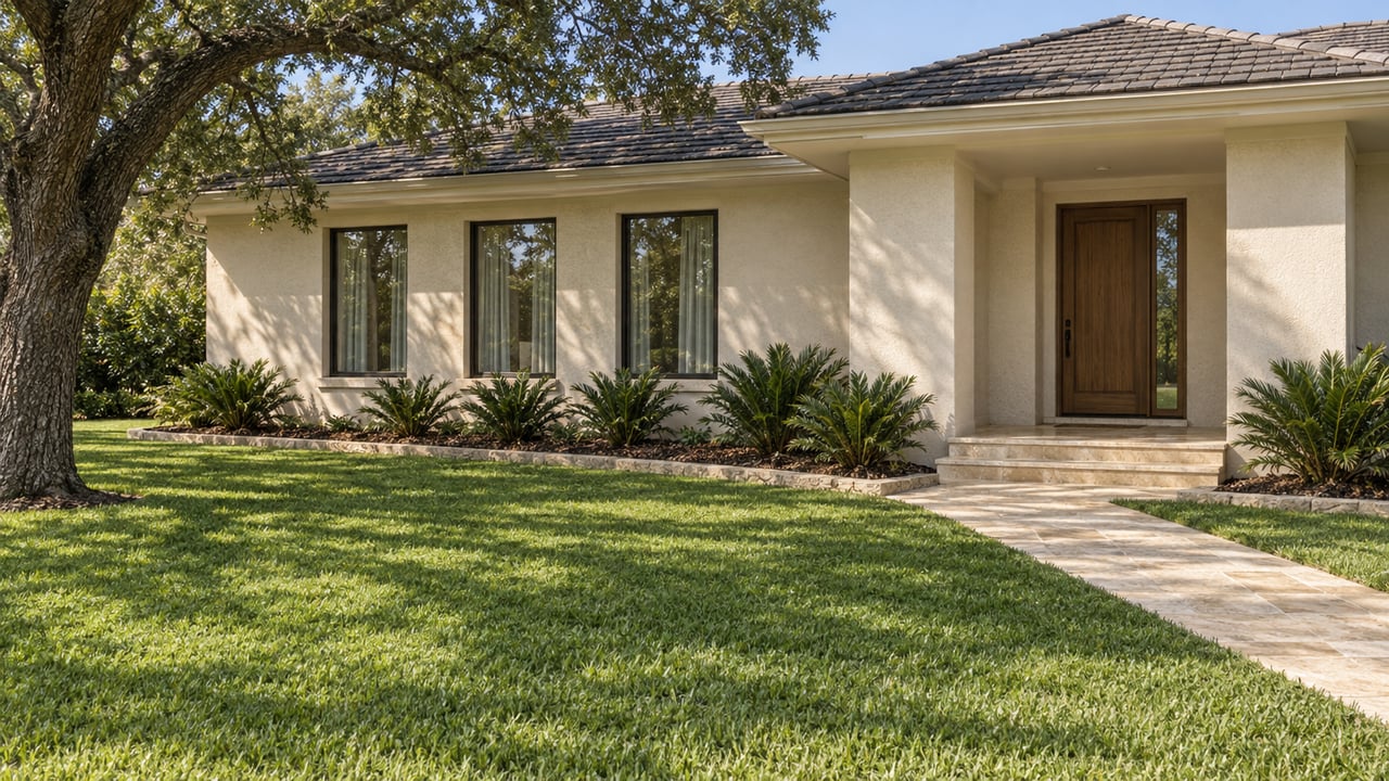 Ivory stucco home with a charcoal tiled roof, bronze-framed windows and limestone entry walk across a deep lawn beneath a spreading oak.