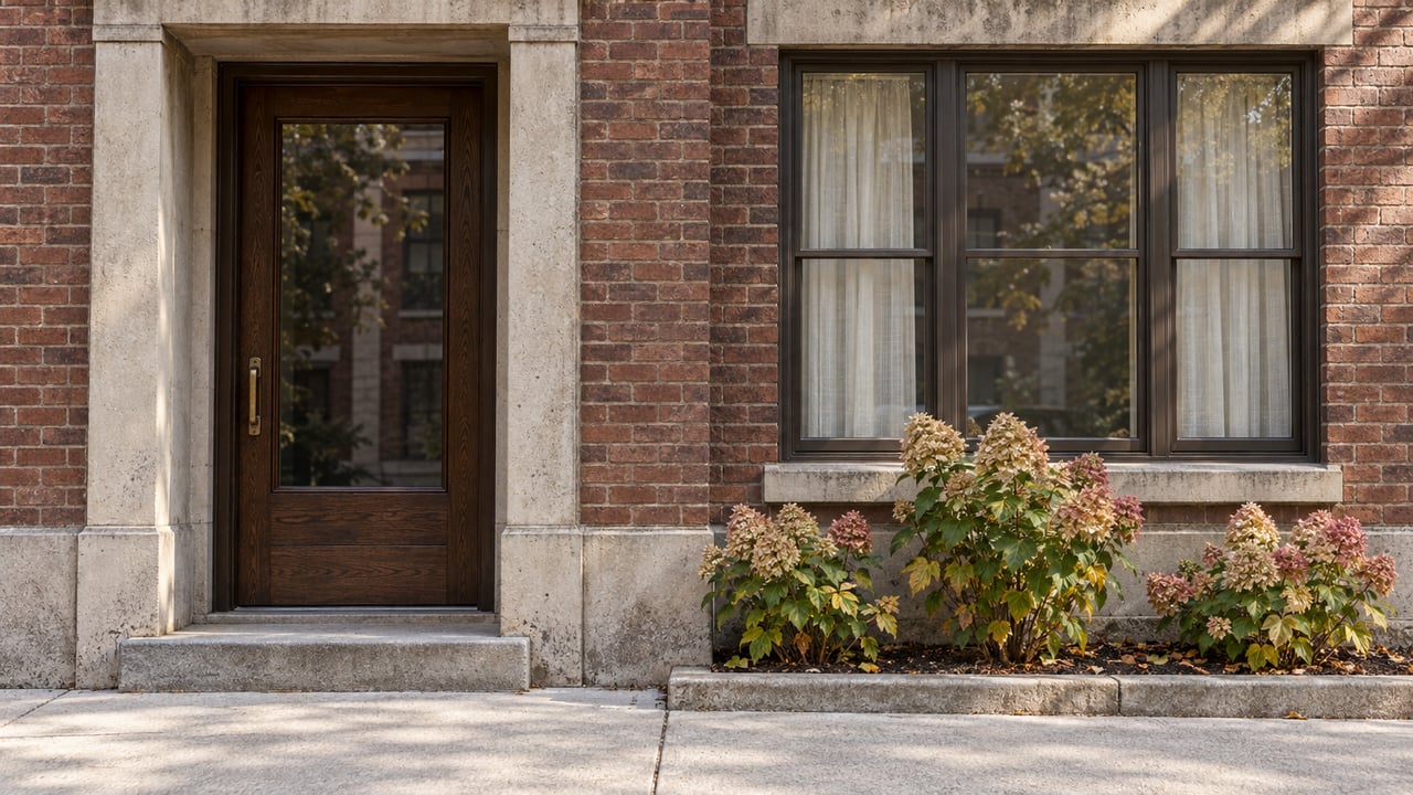 Red-brown brick apartment entrance with a glazed oak door, limestone trim and autumn hydrangeas beside the residential window.