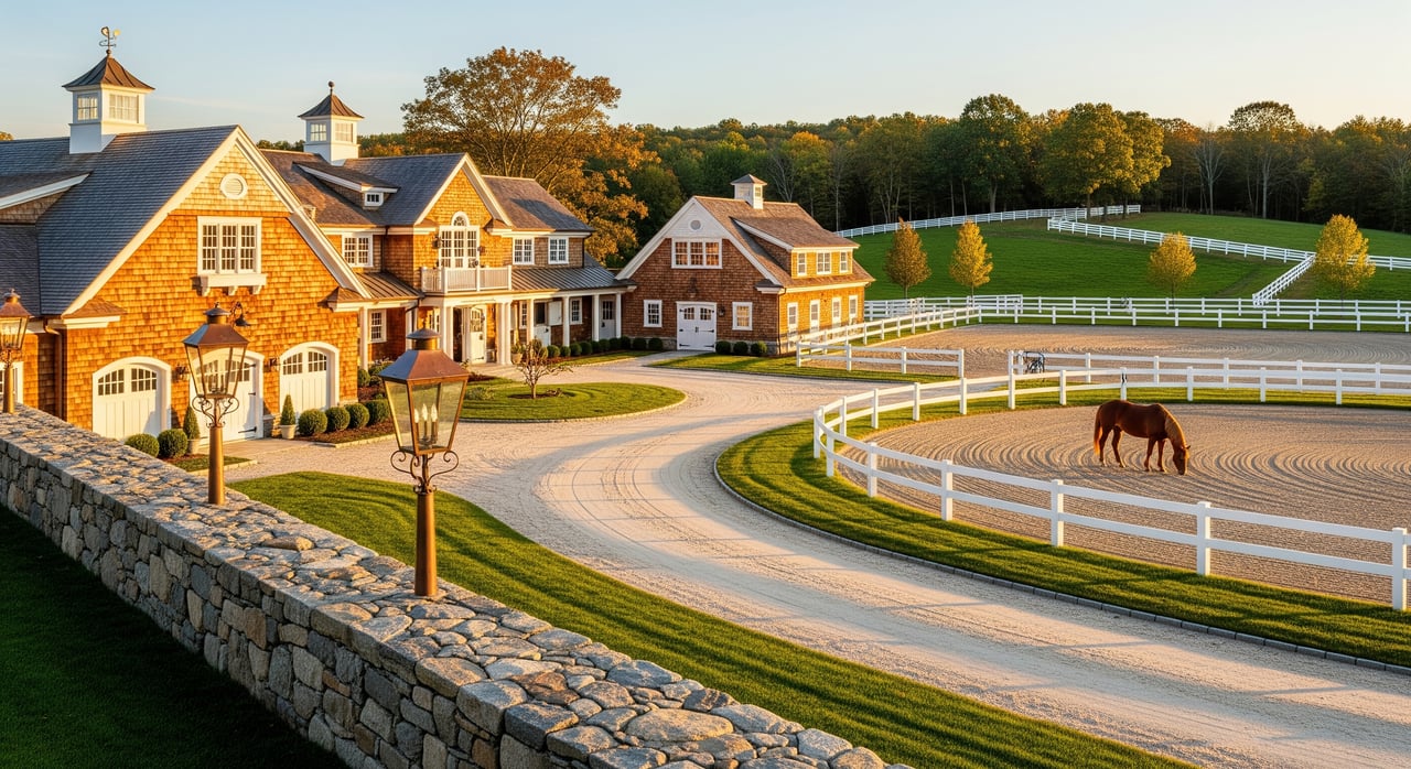 Shingle-clad equestrian stable beside white-fenced riding rings, with a horse inside the nearest ring.