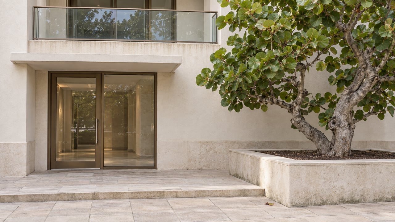Ivory stucco condominium entrance with bronze-framed glass doors, a recessed glass balcony, pale paving, and a sea-grape tree in a raised limestone planter.