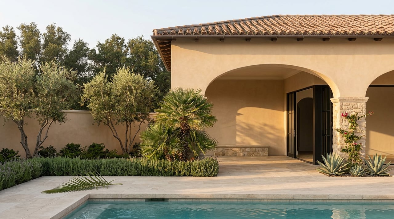 Stucco estate loggia with arched stone-column opening, turquoise pool, clay-tile roof, and olive trees.
