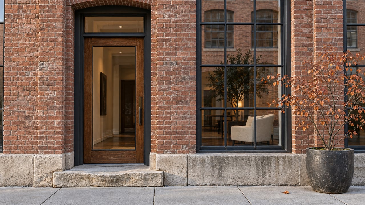 Weathered brick loft facade with steel windows, a glazed oak entrance, limestone steps and one copper-leaved serviceberry in a ceramic planter.